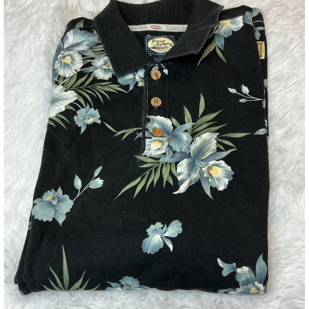 VTG Tommy Bahama Men's Large 100% Cotton Short Sleeve Polo Hawaiian Floral Shirt